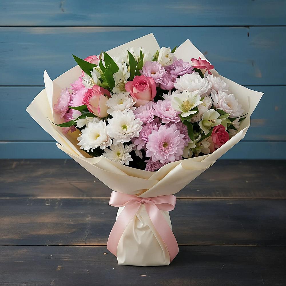 Букет цветов из: Хризантемы, Альстромерии и Розы в Караваево Костромской области